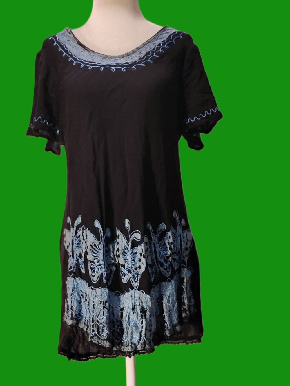 Black Semi Sheer Sun Dress with Blue Embroidered Butterflies Size M/L
